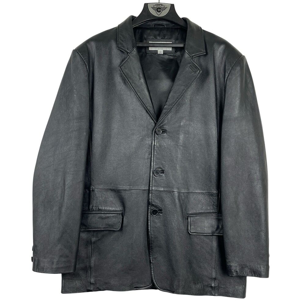 Vintage Bert Pulitzer Men's Leather Blazer Jacket XL Black 3 Button Coat 90s Y2K